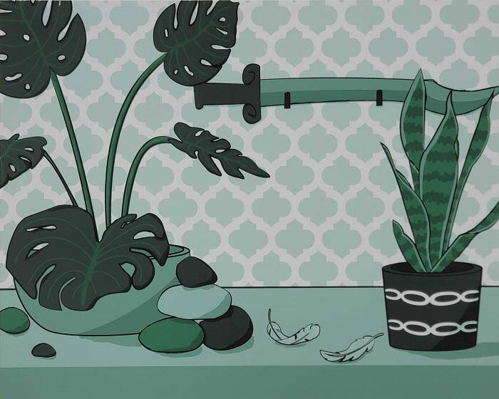 A print of a couple potted plants, small rocks, feathers, and a sword on the wall behind them.